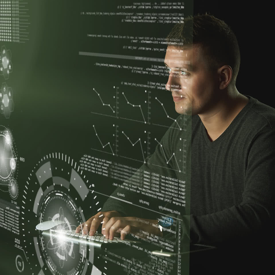 Man at futuristic terminal